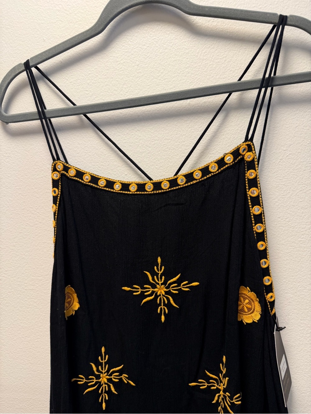 L & B Black Rayon Md in India Strappy Sun Dress Criss Cross Back Gold Embroidery - Picture 2 of 9